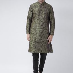 DEYANN Men Green Printed Angrakha Dupion Silk Kurta with Churidar-picture-13