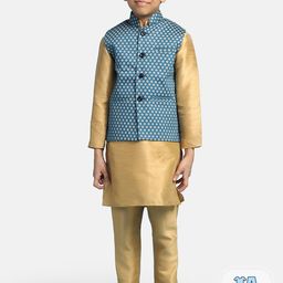 TAHVO Boys Green Regular Dupion Silk Kurta with Churidar & Nehru Jacket-picture-21
