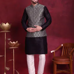 Jompers Mandarin Collar Straight Kurta With Churidar & Nehru Jacket image 1