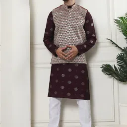 SOJANYA Floral Embroidered Sequinned Cotton Silk Kurta With Churidar & Nehru Jacket image 1