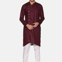 Sethukrishna Men Maroon Solid Angrakha Pure Cotton Kurta with Churidar-picture-11