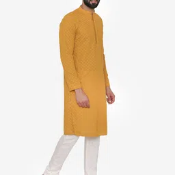 Manyavar Men Yellow & White Self Design Kurta with Churidar image 5