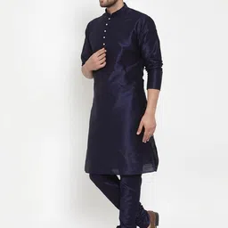 KRAFT INDIA Men Navy Blue Regular Dupion Silk Kurta with Churidar image 5