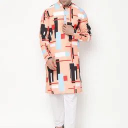 Hangup Men Orange Printed Kurta with Churidar & Nehru Jacket image 3