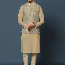 KISAH Mandarin Collar Regular Jacquard Kurta with Churidar & Printed Nehru Jacket Set-picture-9