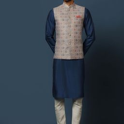 KISAH Mandarin Collar Regular Kurta with Churidar & Printed Nehru Jacket-picture-12