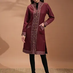 Vishudh Maroon Floral Embroidered Spread Collar Longline Tailored Jacket image 1