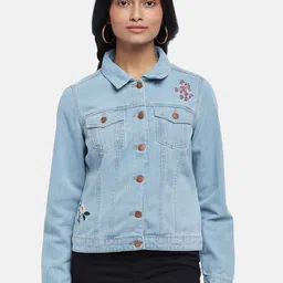 Honey by Pantaloons Women Blue Washed Denim Jacket with Embroidered-picture-2