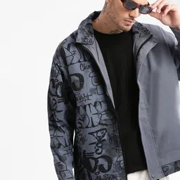 SHOWOFF Typography Printed Spread Collar Windcheater Tailored Jacket-image-2