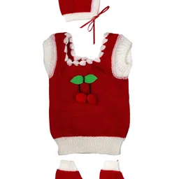 MeeMee Unisex Kids Red & Off White Colourblocked Cardigan With Beanie & Booties image 2
