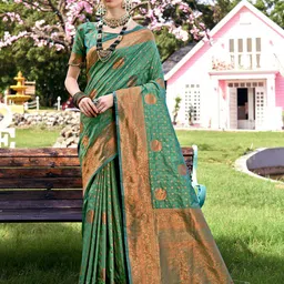 anouk rustic Anouk Turquoise Blue & Gold-Toned Ethnic Motifs Woven Design Zari Saree image 2