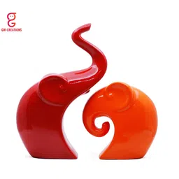 GW CREATIONS Red & Orange 2 Pieces Elephant Glossy Finished Showpiece image 2