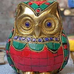 Two Moustaches Red & Blue Textured Owl Brass Figurine Showpiece-image-51