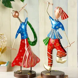 CraftVatika Red & Blue Metal Gujrati Couple Dancing Figurine Showpiece-picture-21