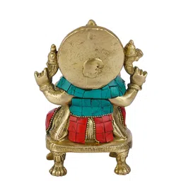 CraftVatika Gold Toned & Green Textured Ganesh Statue With Diya Showpieces image 3