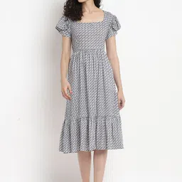 Porsorte Ethnic Motifs Printed Square Neck Puff Sleeve Tiered Fit and Flare Midi Dress image 1