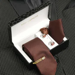 MUTAQINOTI Men Floral Brown Silk Necktie Accessory Gift Set-picture-11