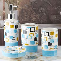 Kookee White & Yellow 4 piece Abstract Ceramic Bath Accessories Set-picture-29