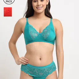 Friskers Women Red & Blue Pack of 2 Non Padded Lace Lingerie Set 2O-305-36-306-03-30-image-95