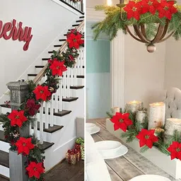 TIED RIBBONS Set Of 24 Red & Green Christmas Decoration Artificial Poinsettia Flowers image 5