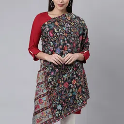 Pashmoda Women Black & Blue Kalamkari Printed Shawl-image-14