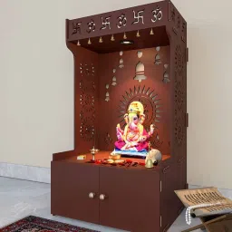 homscape Divine Wooden Brown Home Temple With Spacious Shelf Inbuilt Focus Light image 3