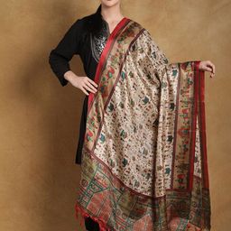 Exotic India Gildedbeige Art Silk Printed Warli Folk Art Motifs Silk Dupatta-picture-15