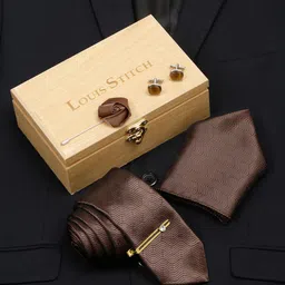 LOUIS STITCH Men Van Dyke Brown Italian Silk Necktie Accessory Gift Set-image-22