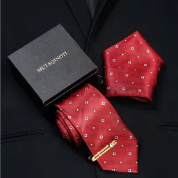 MUTAQINOTI Set Of 3 Dark Striped Red Silk Blend Necktie Accessory Gift Set-picture-25