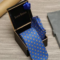 LOUIS STITCH Men Blue Printed Necktie Italian Silk Accessory Gift Set-image-79