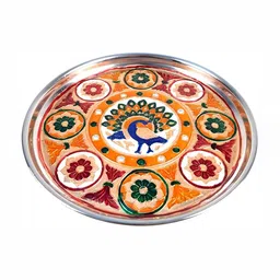 apka mart  Meenakari Yellow & Green Textured Pooja Thali Plate-image-9