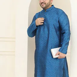 SOJANYA PLUS Men Plus Size Blue Woven Design Jacquard Straight Kurta-picture-0