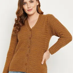 Zigo Women Mustard Self Design Cable Knit Wool Cardigan Sweater-picture-19