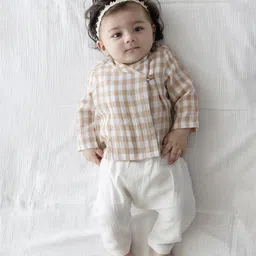 Tiber Taber Infants Checked V Neck Pure Cotton Top with Trousers-picture-22