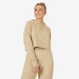 domyos Women's Gym Cotton Blend Crop Hoodie Sweatshirt 520- Beige-picture-14
