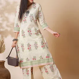 Globus Floral Printed Regular Kantha Work Pure Cotton Straight Kurta with Palazzos image 1