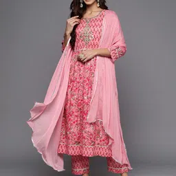 Varanga Pink Floral Printed Pure Cotton Kurta with Trousers & With Dupatta image 5