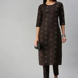 KALINI Women Coffee Brown Pure Cotton Geometric Woven Design Kurta with Trousers image 1