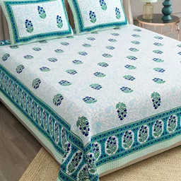 BELLA CASA Ethic White & Teal Printed Cotton 180 TC King Bedsheet with 2 Pillow Covers image 1