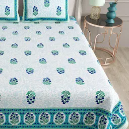 BELLA CASA Ethic White & Teal Printed Cotton 180 TC King Bedsheet with 2 Pillow Covers image 2