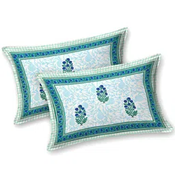 BELLA CASA Ethic White & Teal Printed Cotton 180 TC King Bedsheet with 2 Pillow Covers image 3