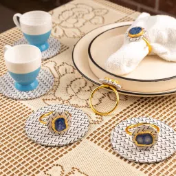 loomsarte Black & White Cotton Fabric Coated Mdf Napkin Ring With Agate And Coaster Set Of 4 image 1