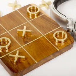 Tic Tac Toe Wooden & Brass Inlay Table Game Set by Marbleous image 1