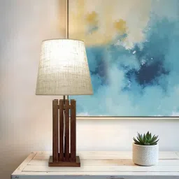 Elegant Wooden Table Lamp with Jute Shade & Brown Base by Symplify image 2
