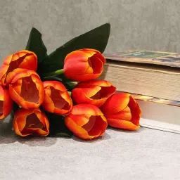 casacraft from pepperfry Orange Polyester Tulip Bunch Artificial Flowers image 2