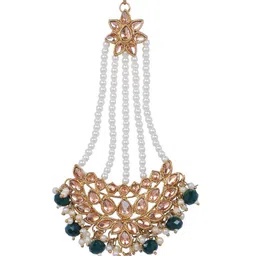 Crunchy Fashion Gold-Plated Green & White Kundan Stone Studded & Beaded Pasa Maang Tika image 2