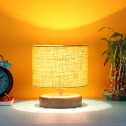 new era Classic Wooden Night Lamp with Jute Shade (Natural & Yellow) image 1