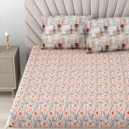 Salona Bichona Peach-Coloured & Grey Floral 180 TC King Bedsheet with 2 Pillow Covers image 3