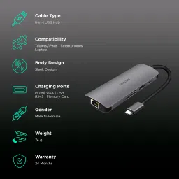 Philips 8-in-1 USB 3.0 Type C to RJ45, USB 3.0 Type A, USB 3.0 Type C, HDMI Type A, SD Card Slot, TF Card Reader USB Hub (5 Gbps Data Transfer Rate, Grey) image 2