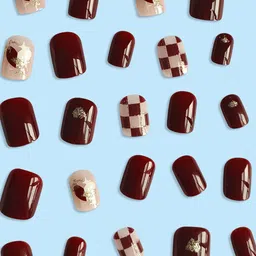 Secret Lives 24 Pieces of Red Check Nail Tips - Maroon & Off-White image 3
